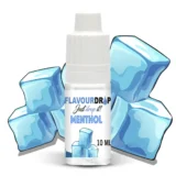 Flavour Drops Menthol aromajuice præsenteres i en klar plastflaske med en sort skruelåg. Flasken har en etikette med grønne og hvide nuancer, der viser produktnavnet og indholdet. Teksten er trykt i sort, og der er også et symbol for advarsel. Flasken har en smal, spids hældetud til præcis dosering. Indholdet er en klar væske.