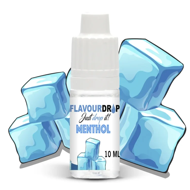 Flavour Drops Menthol aromajuice præsenteres i en klar plastflaske med en sort skruelåg. Flasken har en etikette med grønne og hvide nuancer, der viser produktnavnet og indholdet. Teksten er trykt i sort, og der er også et symbol for advarsel. Flasken har en smal, spids hældetud til præcis dosering. Indholdet er en klar væske.
