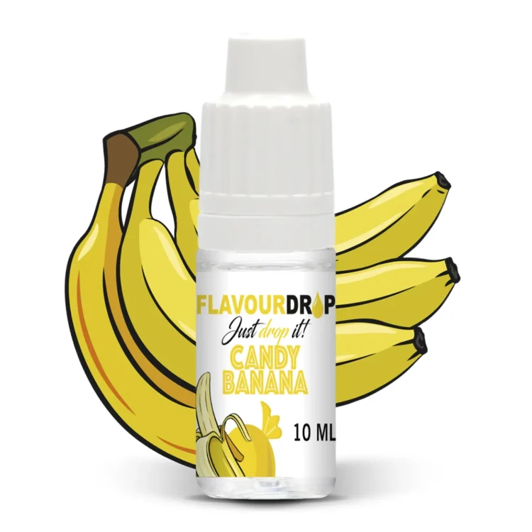 En klar, gennemsigtig flaske indeholder en gylden væske med en let viskositet. Flaskens etiket prydes af en illustration af en banan, der er delvist skrællet, med grønne og gule nuancer. Teksten på etiketten er i sort og hvid, som angiver produktinformation. Flasken har en lille, sort skruelåg, der afslutter toppen.