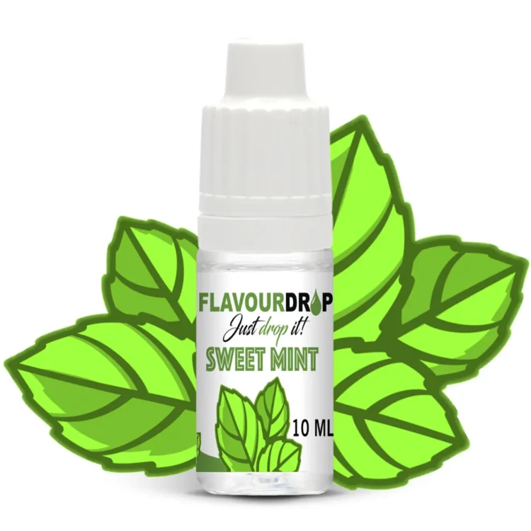 Flavour Drops sød mint aroma præsenteres i en lille, gennemsigtig plastflaske med en sort, skruelåget top. Flasken indeholder en klar væske, der har en let grønlig tone. Etiket på flasken er farverig med tekst, der angiver produktnavnet og indholdet. Flaskens form er slank og cylindrisk, hvilket gør den nem at håndtere.