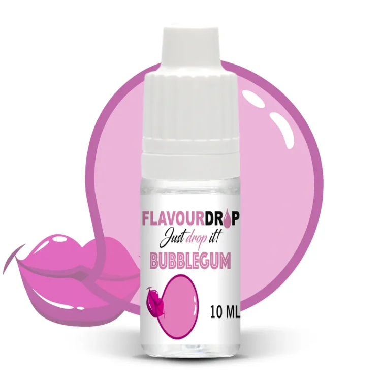 Flaske med tyggegummi aroma i 10 ml størrelse, fremstillet af klart plastmateriale. Låget er sort med en lille pipette til præcis dosering. Etiket prydes af farverige grafiske elementer i nuancer af blå, rød og hvid, samt tekst i sort, der angiver produktnavnet. Flaskeformen er slank og cylindrisk. Baggrunden er neutral, hvilket fremhæver flaskens detaljer.