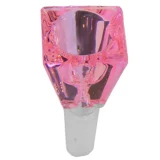 En firkantet skål i transparent glas præsenterer sig med en blød, pink farve. Skålens overflade har en glat, skinnende tekstur, der fanger lyset og skaber subtile reflekser. De afrundede hjørner blødgør det geometriske design, mens skålens bund er flad og stabil. Det enkle, men elegante udtryk tiltrækker opmærksomhed.
