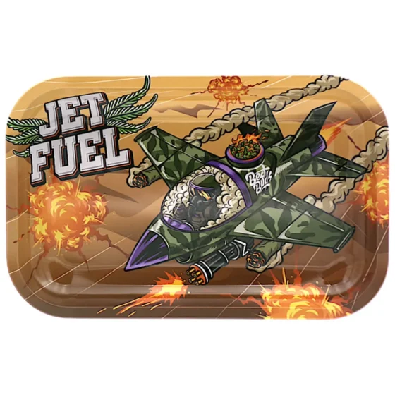 En rektangulær rolling tray præsenterer et farverigt design med et mønster af grønne og lilla nuancer, der danner et abstrakt, urtete-inspireret motiv. Overfladen har en glat, skinnende tekstur, der reflekterer lys. Trayens kanter er let hævede, hvilket holder indholdet på plads. Størrelsen måler 176 x 275 mm.