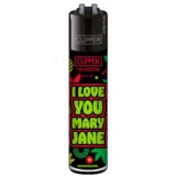En lighter prydet med en farverig grafik, der indeholder teksten "I Love You" i en legende skrifttype. Farverne er primært grønne og lilla med subtile nuancer af hvid. Lighterens overflade har en glat, metallisk finish, og den har en klassisk, cylindrisk form med en tætsiddende låg, der afslutter toppen.