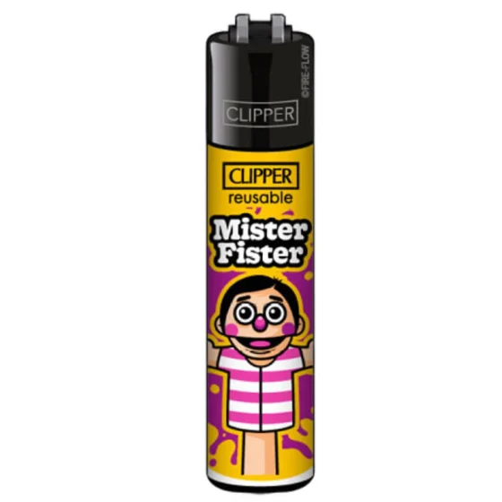 En klipper lighter med en slank, cylindrisk form i metal. Ydersiden er prydet med et farverigt, grafisk mønster, der inkluderer abstrakte former og figurer i nuancer af blå, grøn og orange. Lighterens top har en sølvfarvet, blank finish med en indbygget gnistgenerator og en flammejustering. Bunden er flad og stabil, hvilket sikrer en sikker placering.