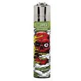 En lighter med et skelletmotiv pryder overfladen. Den har en glat, blank finish i sort og grå nuancer, der skaber en kontrast til det detaljerede, hvide skelletbillede. Lighterens form er slank med en let afrundet top, og knappen til tænding er placeret på siden. Mønsteret er præcist og tydeligt, hvilket giver et iøjnefaldende udtryk.