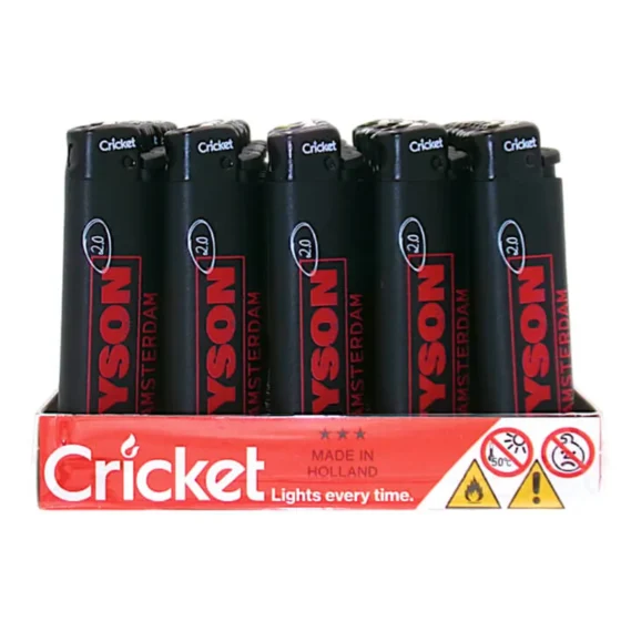 En lille, rektangulær lighter prydet med en glat, sort overflade og en mat finish. På den ene side findes en sølvfarvet knap til gnistgenerering, mens den modsatte side bærer et diskret logo. Lighterens kanter er let afrundede, hvilket giver et ergonomisk greb, og bunden har en lille åbning til efterfyldning.