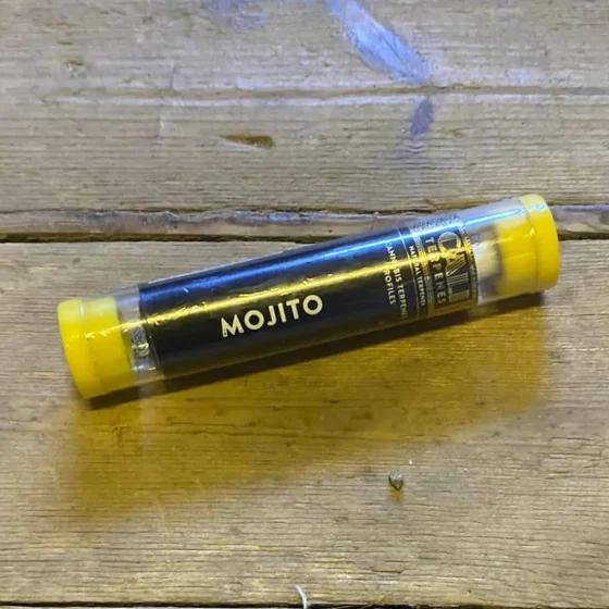 En klar, gennemsigtig flaske med en elegant, slank form rummer en lys grøn væske. Flaskens etiket er hvid med grønne og sorte detaljer, som angiver produktnavnet "Cali Terpens Mojito". Korkproppen er naturlig og udstråler en rustik charme. Flaskens bund er flad, hvilket giver stabilitet, og den samlede fremtoning er minimalistisk og stilren.
