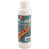 En sort bongs rengøringsmiddel præsenteres i en gennemsigtig flaske med en spraydysse. Flasken har en slank, cylindrisk form og er forsynet med en etiket, der indeholder hvid tekst og symboler. Indholdet er klart og væskeagtigt, mens spraydysset har en sort kappe, der komplementerer flaskens overordnede design.