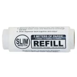 Meterpapir i king size slim format præsenteres i en rulle med en glat, hvid overflade. Papiret har et let struktureret mønster, der kan ses som små, fine linjer. Rullen er cirkulær og af plastik, med en sort kerne, der holder papiret på plads. Den samlede længde af papiret er markant, hvilket gør det velegnet til forskellige måleopgaver.