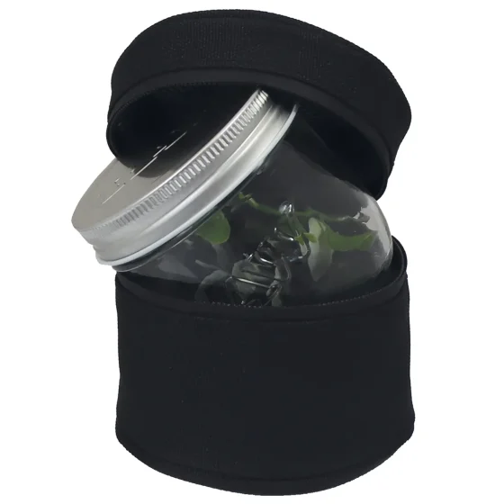 Et klart glas mason jar med en kapacitet på 295 ml står i en beskyttende, gennemsigtig plastkasse. Glasset har en glat overflade og en rund, bred munding med en skruelåg, der har en metalfinish. Plastkassen er firkantet med afrundede kanter og en let skygge af blå. Kassen har en åben front, der fremhæver indholdet.