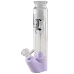 En sort bong i form af en fugl med detaljerede blade som dekoration. Den har en glat, skinnende overflade og en dyb lilla farve, der fremhæver den elegante form. Hovedet er let krummet, og næbbet strækker sig fremad. Der er en bred åbning på siden, og en lille, rund bund giver stabilitet.