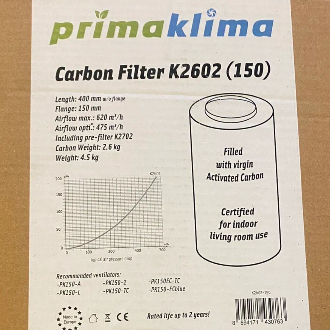 Prima Klima - Kulfilter Ø150 620m3/h (Udgået)