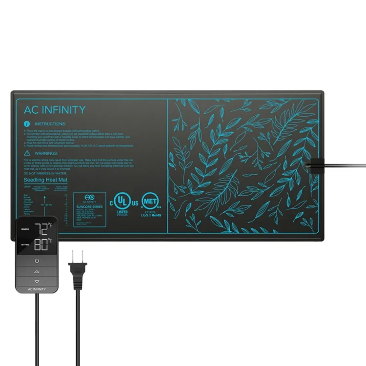 AC Infinity SUNCORE H3 Seedling Heat Mat 20W i sort med turkise blade og trykket "AC INFINITY". Styringen har display.