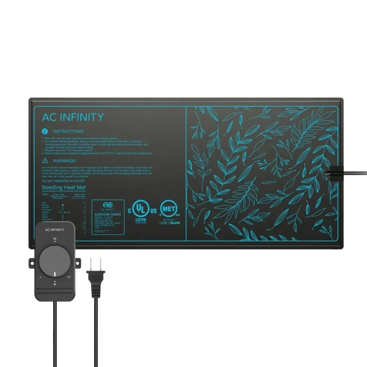 AC Infinity SUNCORE S3 Seedling Heat Mat 20W i sort med turkise bladmotiver og teksten "AC INFINITY" samt grå drejeknap.