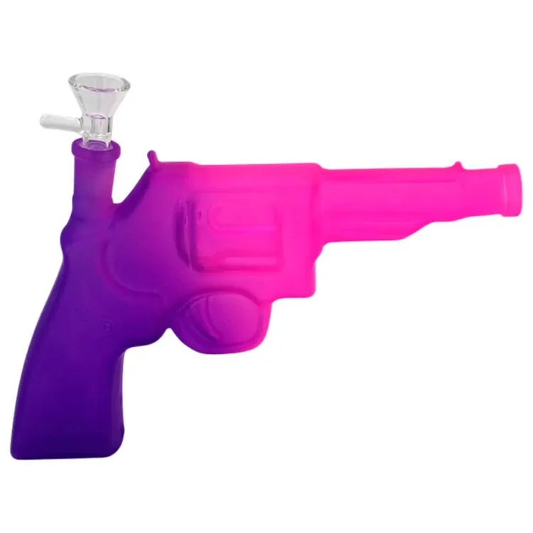 Black Sheep Pistol Glass Pipe Purple & Pink 170 mm med farveovergang og et klart glashoved, der sidder over grebet.