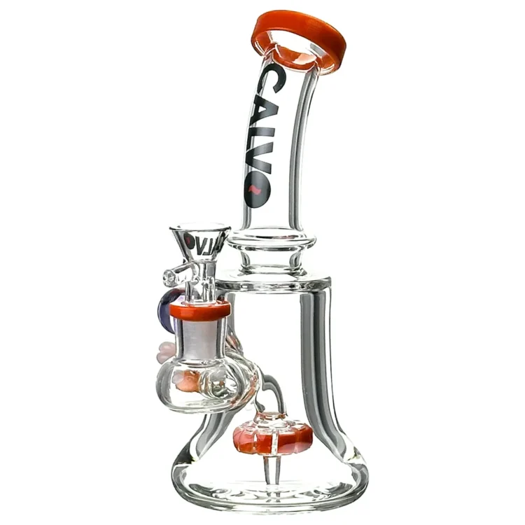 Calvo Aqua Bong Red 19 cm i klart glas med orange kant på mundstykket og sort "CALVO" trykt langs den buede hals.