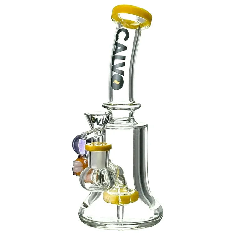 Calvo Aqua Bong Yellow 19 cm i klart glas med sort "CALVO" på den let bøjede hals og et lilla greb på hovedet.