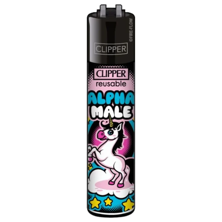 Clipper Lighter Alpha Male med sort top og "CLIPPER" over en hvid enhjørning under teksten "ALPHA MALE" i turkis og hvid.