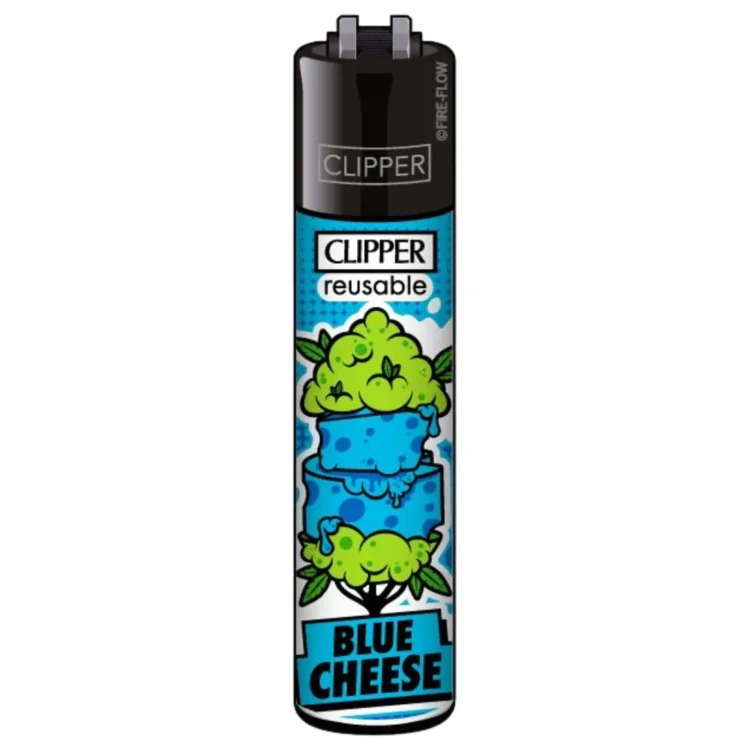 Clipper Lighter Blue Cheese i blåt med sort top og grønne topskud omkring blå ost. Påtrykt "CLIPPER" og "BLUE CHEESE".