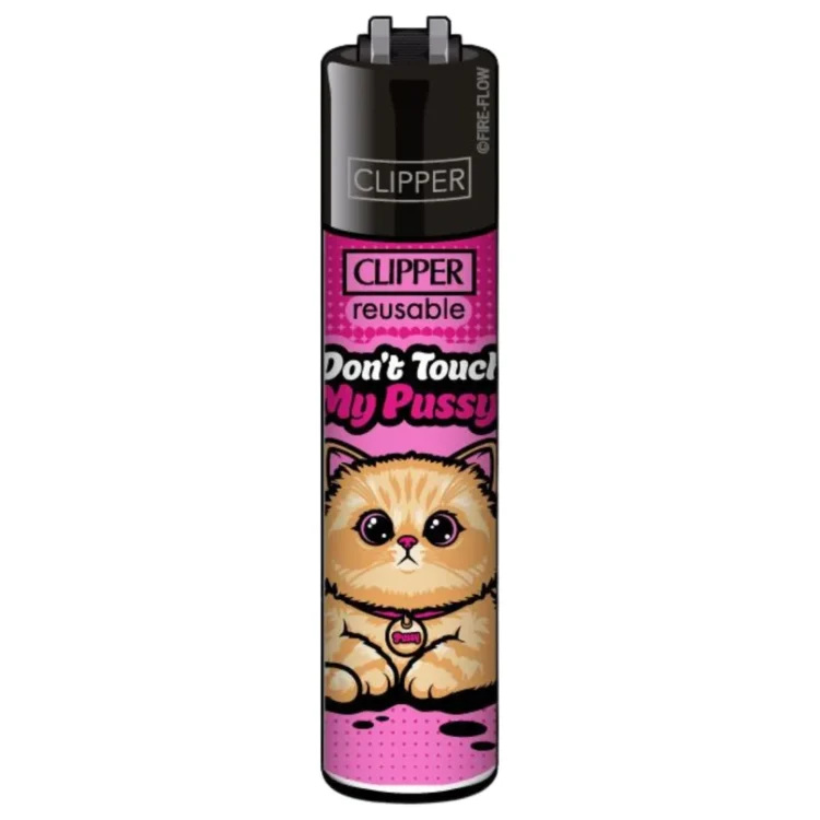 Clipper Lighter Don't Touch My Pussy med sort top og pink felt, hvor "CLIPPER" står over en lysebrun kat.