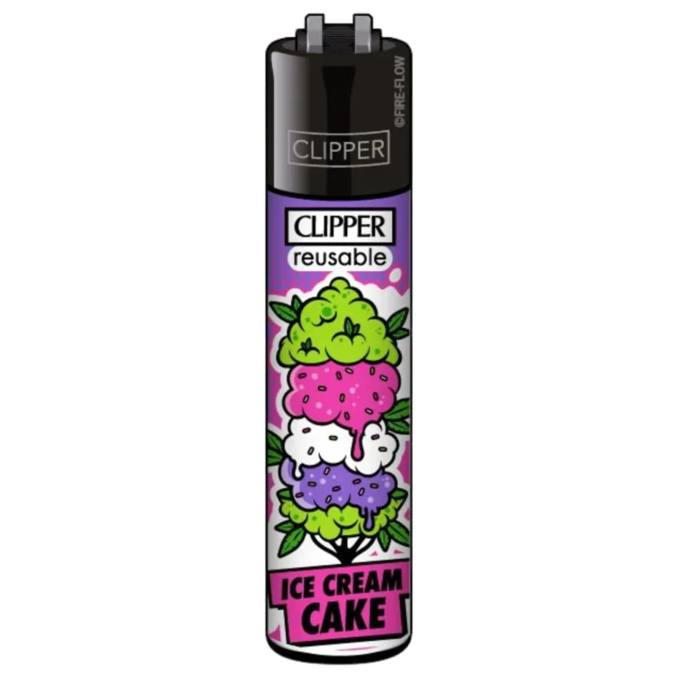 Clipper Lighter Ice Cream Cake med sort top og "CLIPPER" på lilla baggrund. Farvede iskugler over "ICE CREAM CAKE".
