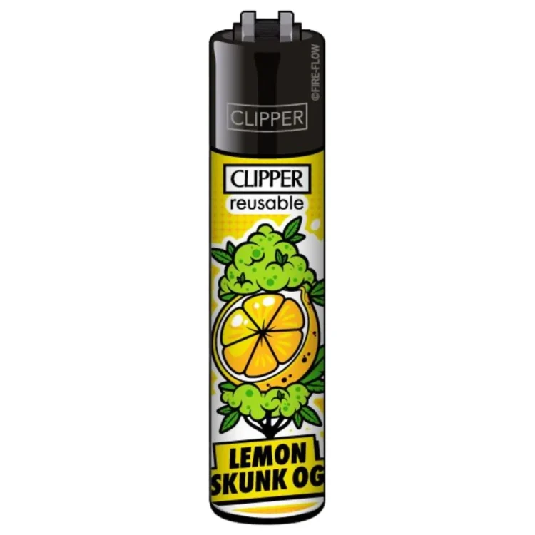 Clipper Lighter Lemon Skunk OG med sort top. På den gule etiket ses en citronskive, grønne blade og "CLIPPER".