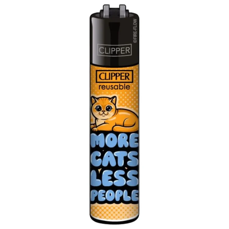 Clipper Lighter More Cats Less People med sort top og orange kat over blå "MORE CATS LESS PEOPLE". "CLIPPER" i sort.