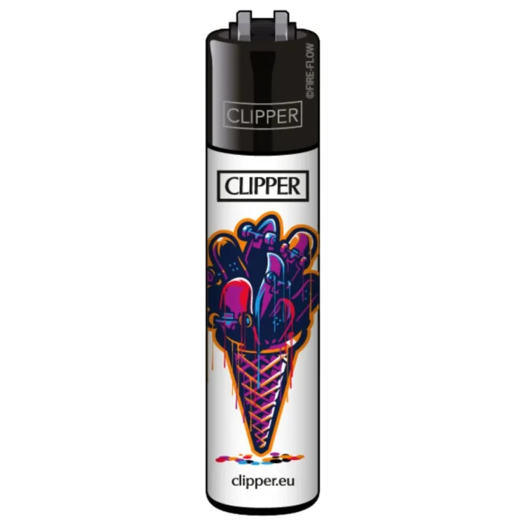 Clipper Lighter Skateboards Ice Waffle i hvid med sort top. "CLIPPER" står over et farverigt tryk af en isvaffel.