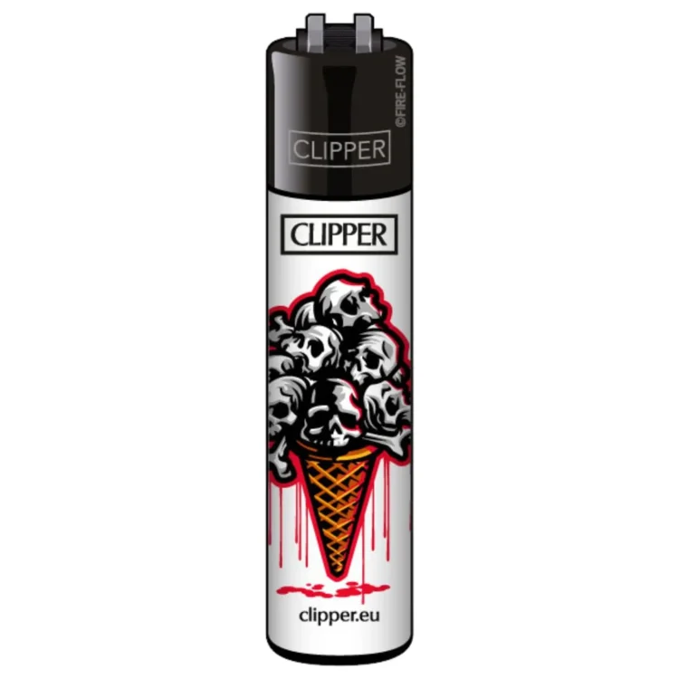 Clipper Lighter Skulls Ice Waffle i hvid med sort top. "CLIPPER" står over kranier i en isvaffel med røde kanter.