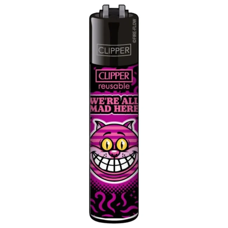 Clipper Lighter We're All Mad Here i sort med en pink, grinende kat med gule øjne og "CLIPPER" trykt på toppen.
