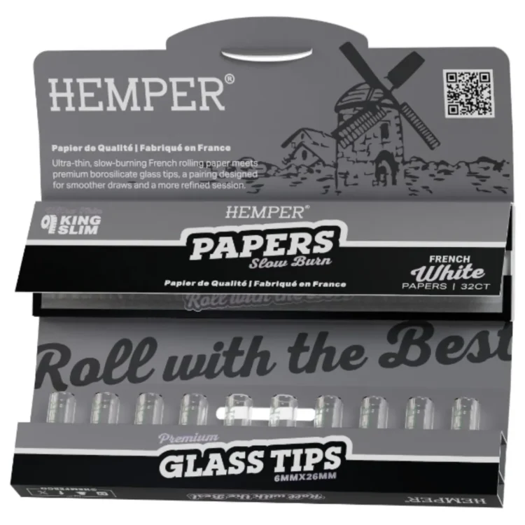 HEMPER Tech Classic King Size Slim /m Glas Tips 6 mm i åben grå og sort pakke til jointpapir med hvidt "HEMPER" og mølletryk.