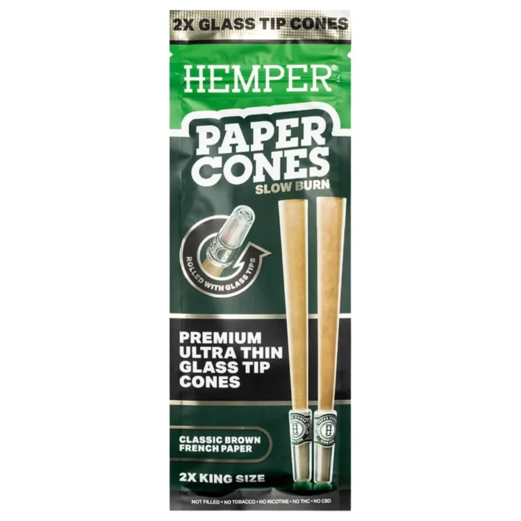 HEMPER Tech Glass Tipped Brown Paper King Size i mørkegrøn pakke med hvidt "HEMPER" og to cones vist på forsiden.