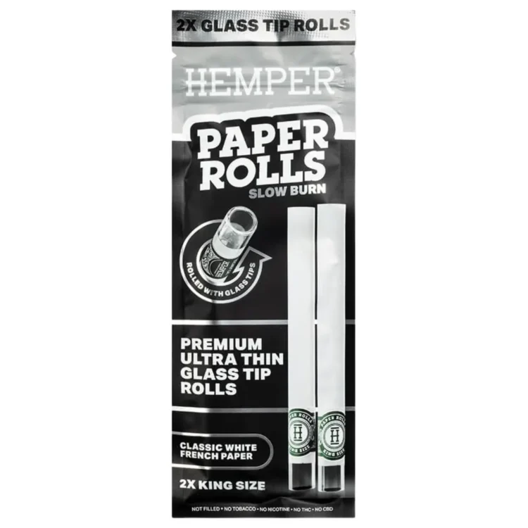HEMPER Tech Glass Tipped Classic Paper King Size jointpapir i sort og grå pakke med "HEMPER" og "PAPER ROLLS" i hvidt.