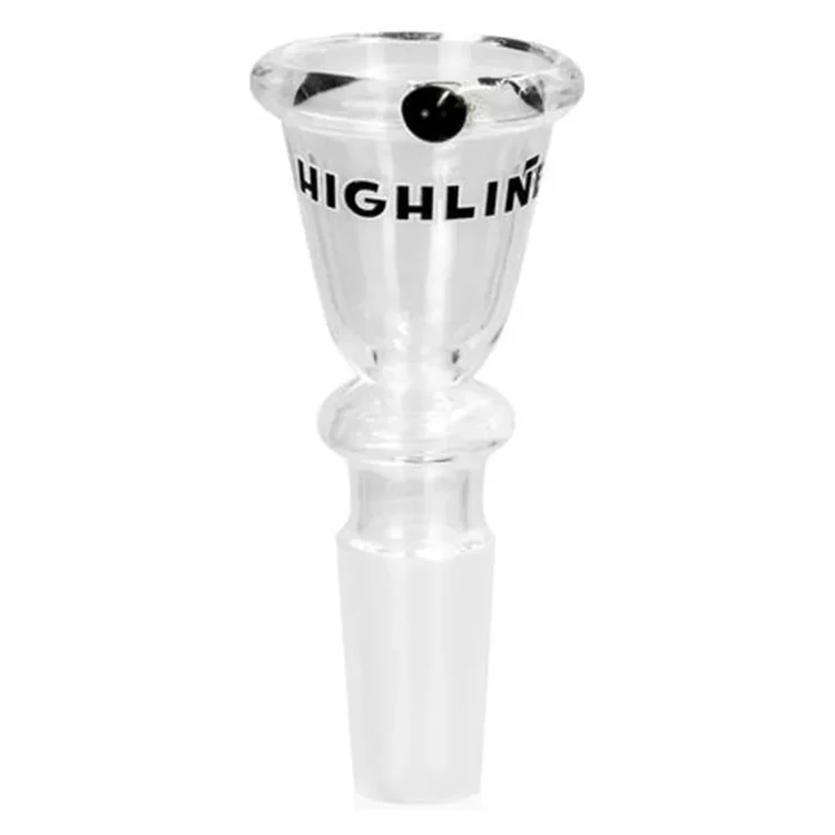 Highline Roll Stop Glass Bowl SG 14,5, bonghoved i klart glas med sort "HIGHLINE"-tryk og mat fitting.