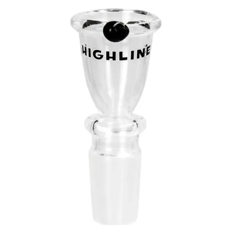 Highline Roll Stop Glass Bowl SG 18,8, bonghoved i klart glas med sort knop og "HIGHLINE" trykt i sort over en mat fitting.