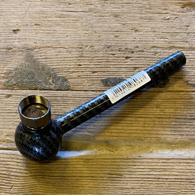 Rund Glas Pibe 40x120mm Sort med blank overflade og messingfarvet hoved med rist. Hvid stregkodeetiket på røret.