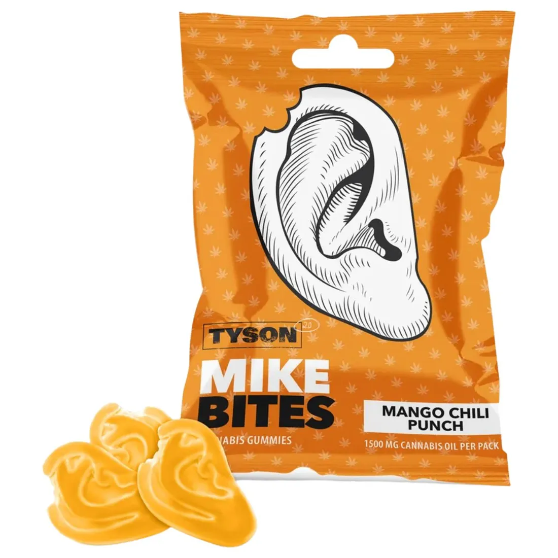 Tyson 2.0 Mike Bites Cannabis Vingummi Mango Chili 50g, øreformet slik ved orange pose med hvidt øretryk og "TYSON".