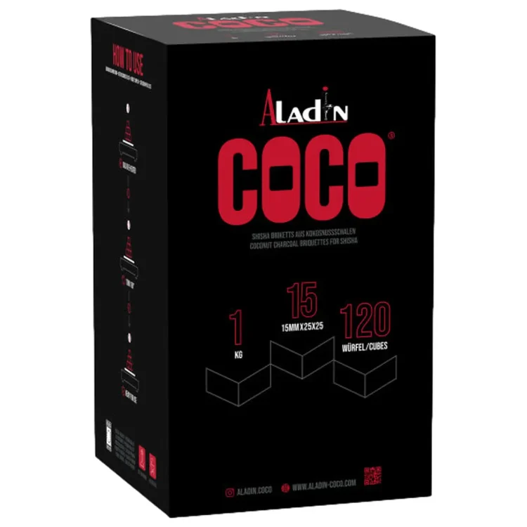Aladin Kokuskul (15 mm) 1 kg i sort æske med rødt "COCO", "Aladin" ovenover og stregtegninger af terninger på forsiden.
