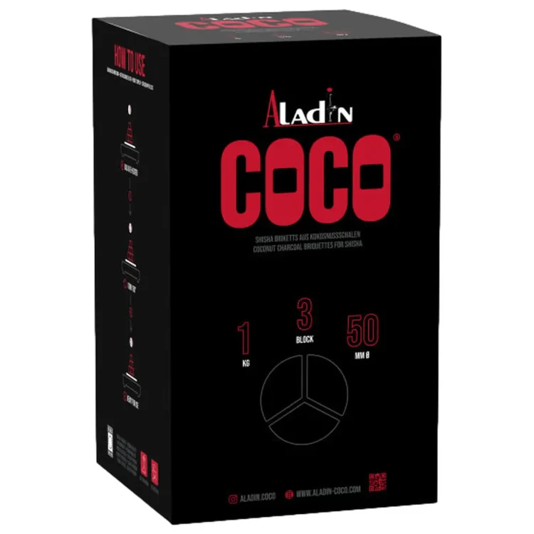 Aladin Kokuskul (50 mm) 1 kg i sort æske med stort rødt "COCO" på forsiden og "Aladin" trykt lige ovenover.