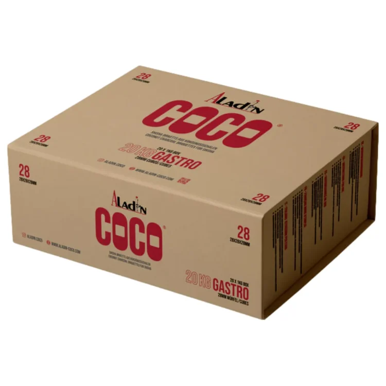 Aladin Vandpibe Kokuskul (28 mm) 20 kg i lysebrun papkasse med sort "Aladin" over stort rødt "COCO" på låg og forside.