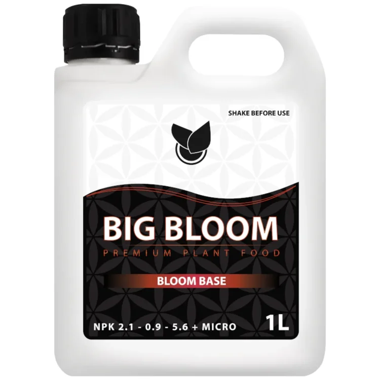 Big Plant Science BIG BLOOM 1L gødning i hvid plastdunk med sort låg. Mønstret sort etiket med "BIG BLOOM" i hvidt.