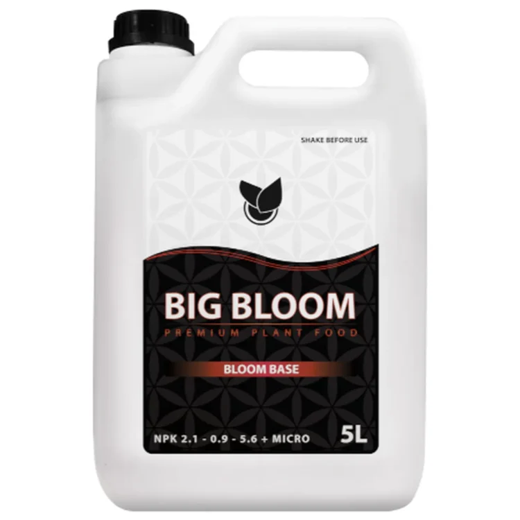 Big Plant Science BIG BLOOM 5L gødning i hvid plastdunk med sort låg. Den sorte etiket har "BIG BLOOM" trykt i hvidt.