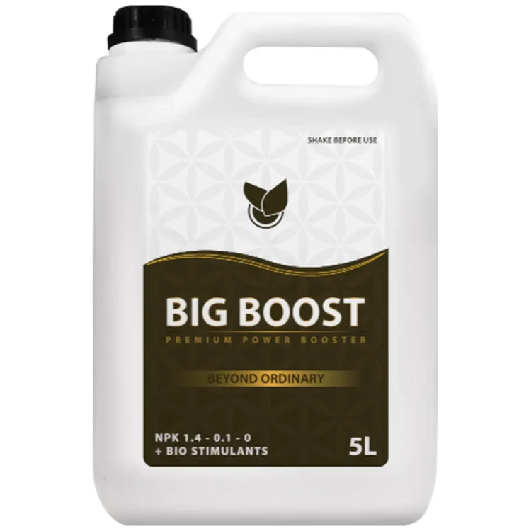 Big Plant Science BIG BOOST 5L, gødning i hvid plastdunk med hank og sort låg. Brun etiket med "BIG BOOST" i hvidt.