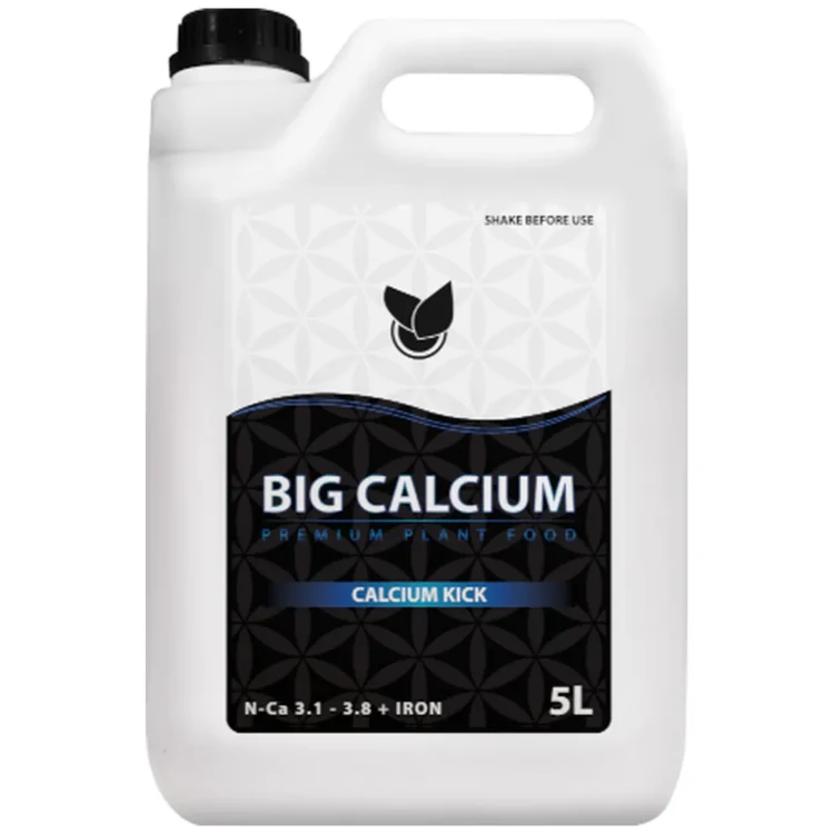Big Plant Science BIG CALCIUM 10L gødning i hvid plastdunk med sort låg. Sort og blå etiket med "BIG CALCIUM".