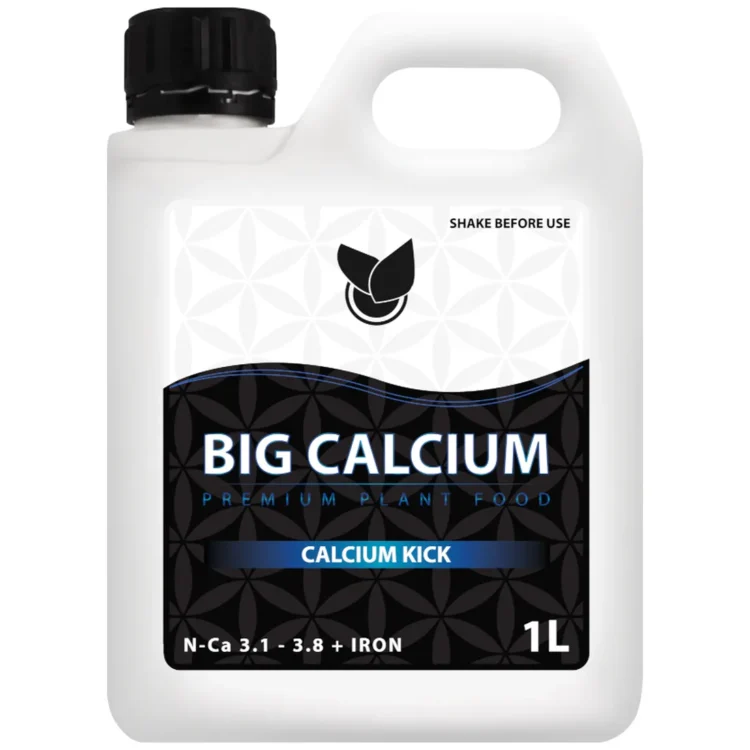 Big Plant Science BIG CALCIUM 1L gødning i hvid plastdunk med sort låg. Sort etiket med blåt felt og "BIG CALCIUM".