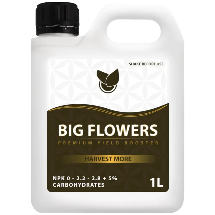 Big Plant Science BIG FLOWERS 1L gødning i hvid plastdunk med sort låg. Brun etiket med hvidt tryk: "BIG FLOWERS".