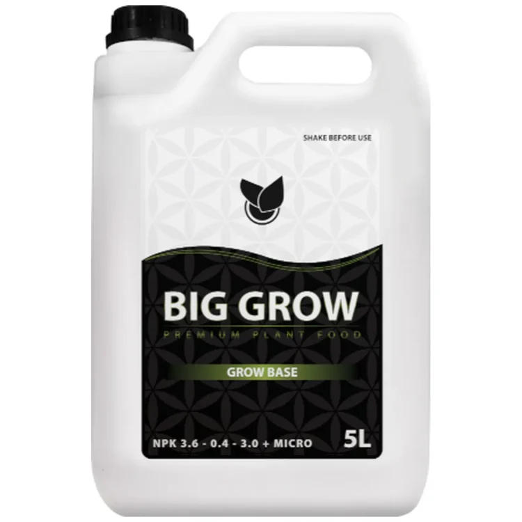 Big Plant Science BIG GROW 10L, gødning i hvid plastdunk med sort låg. Den sorte etiket har teksten "BIG GROW".