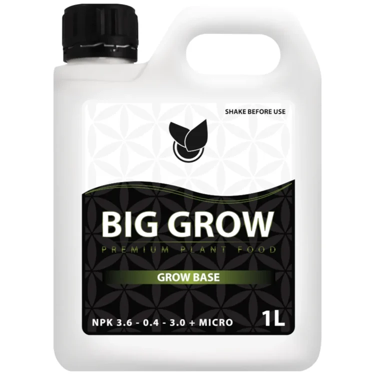 Big Plant Science BIG GROW 1L gødning i hvid plastdunk med sort låg. Sort etiket med "BIG GROW" i hvidt.