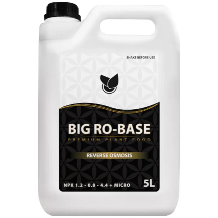 Big Plant Science BIG RO-BASE 5L gødning i hvid plastdunk med sort låg. Sort etiket med "BIG RO-BASE" i hvidt.